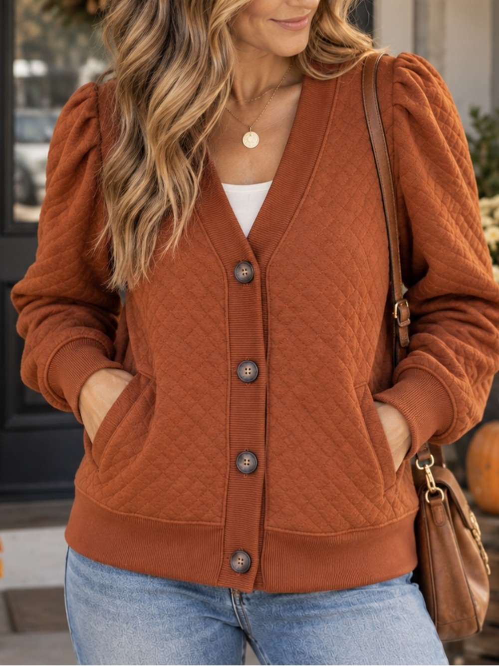 Time and Tru Rust Quilted Cardigan M Puff Sleeve Button Front Cottagecore